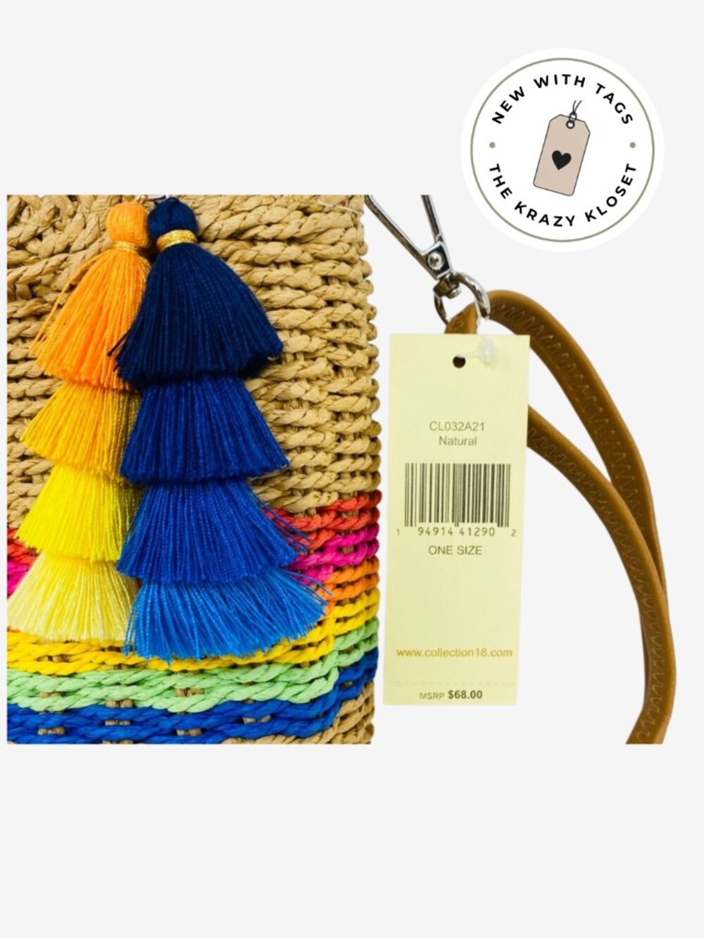Rainbow Woven Mini Bag NWT Tassel Straw Crossbody Tote w Colorful Stripe Details - Picture 3 of 4